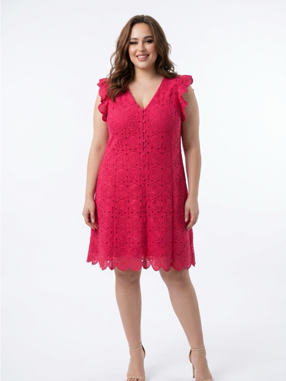 Skies Are Blue Hot Pink Eyelet Lace V-Neck Dress - Picture 1 of 6